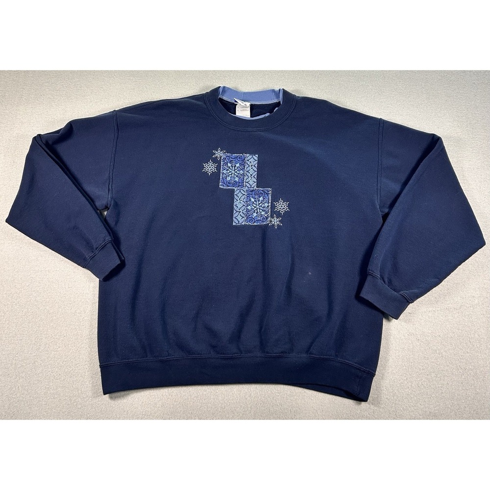 VTG 90s Holiday Winter Graphic Crewneck Sweater Blue Snowflakes Womens Large